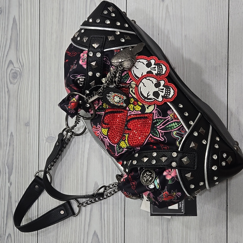 Ed Hardy Black and Silver Shoulder Bag with Red Accents